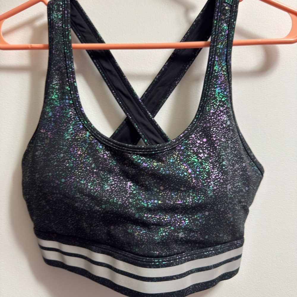 ZYIA Black and Silver Sports Bra with Iridescent Accents